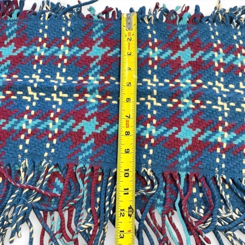 Oversized Plaid Blanket Scarf Blue Burgundy Fringe Cozy Fall Winter Wrap